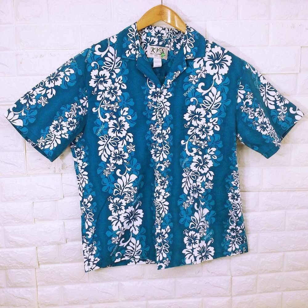 Vintage 80s Ky's USA Hawaiian Aloha Shirt -L Pocket Tropical Floral Tiki Beach